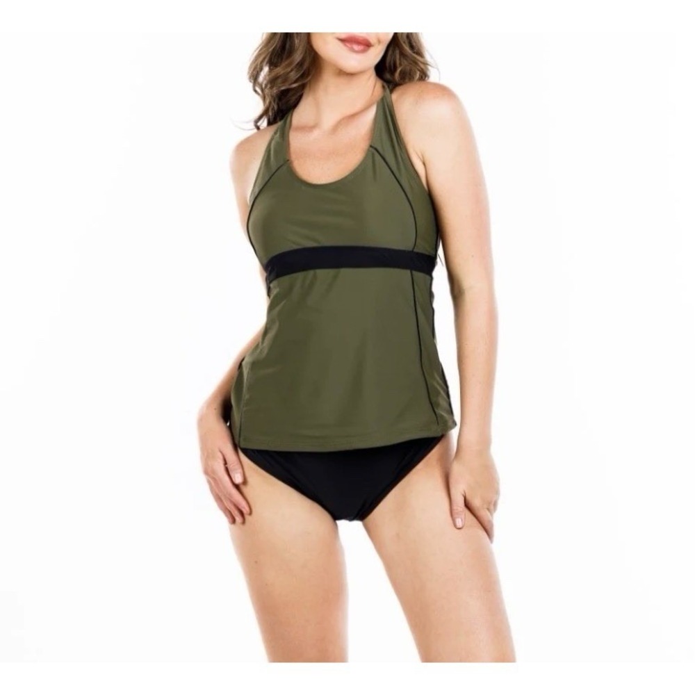 Style Vi Olive Green Racerback Tankini Top with Mesh Trim H-2536 NEW Medium